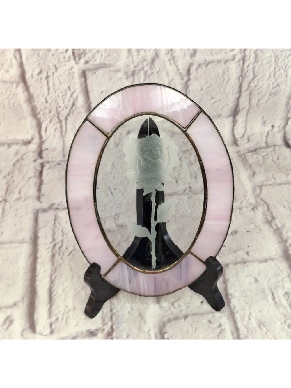 Vintage Stained Glass Sun Catcher Edged Rose Wall Hanger Pink & Clear 8 x 5.5in - Picture 2 of 8